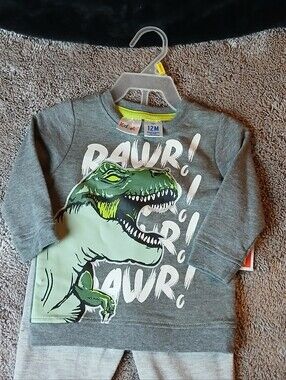 Kidgets Baby Boy NWT Gray Dinosaur Rawr Sweatshirt & Joggers Set - Size 12M